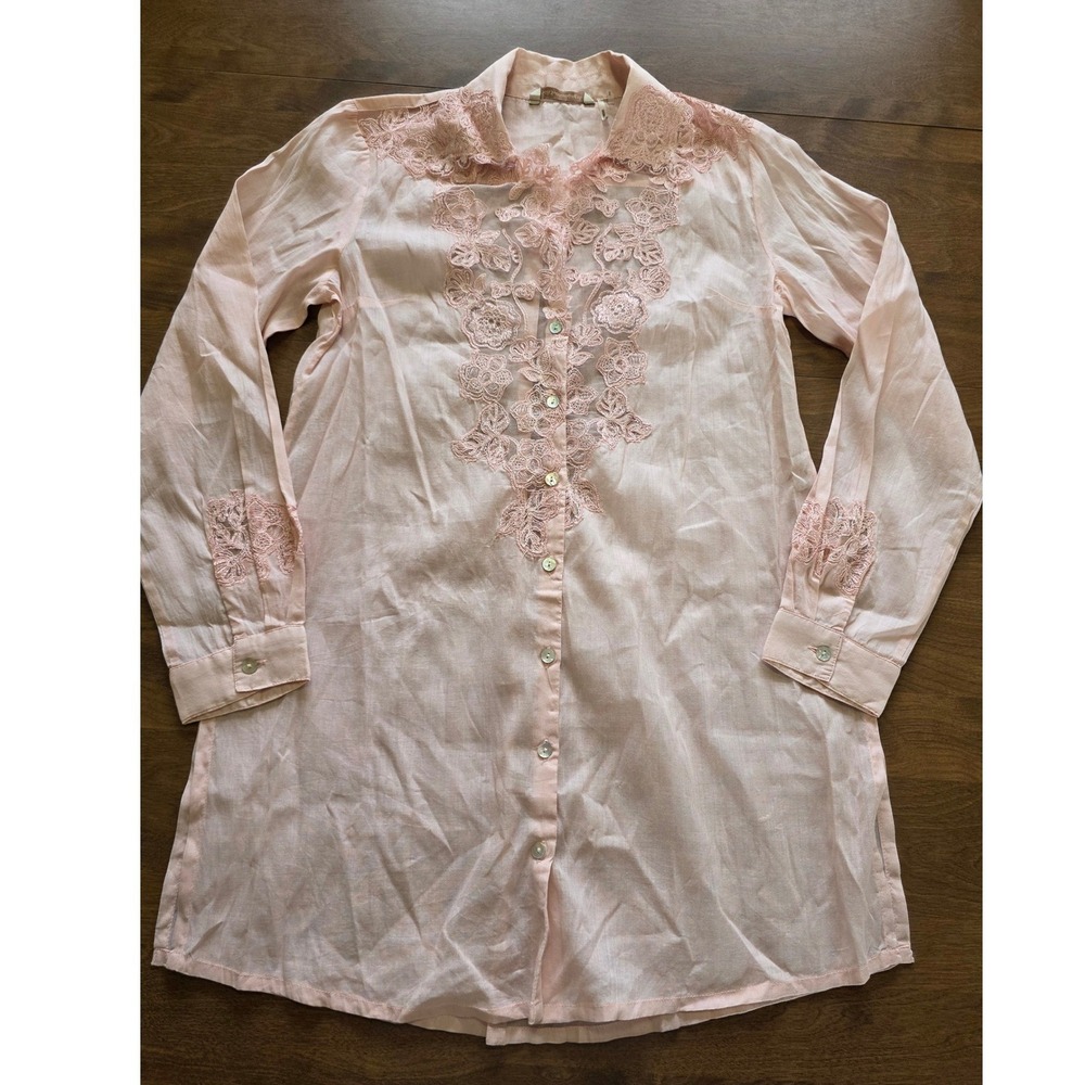 Soft Surroundings Pink Lace Embroidered Ramie Cotton Button Down Tunic Small